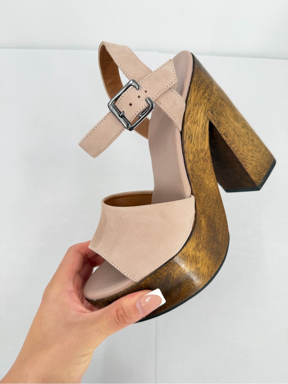 Leather Wood Platform Block Heel Sandals Nude 6.5 resort boho eurosummer coastal - Picture 14 of 16